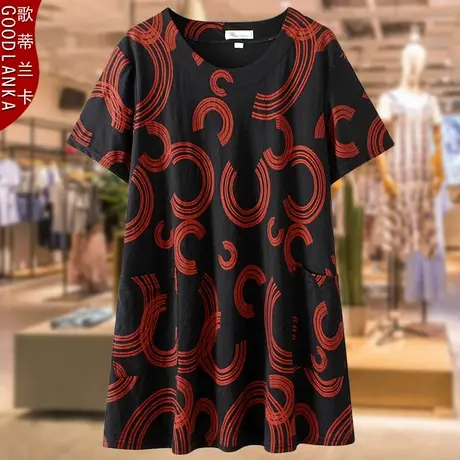 大码中老年妈妈夏装中长款t恤女宽松遮肚显瘦洋气印花短袖T恤上衣图片
