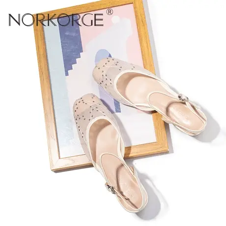 2023新款春夏仙女风温柔珍珠白时装凉鞋女鞋真皮包头头粗跟中跟鞋图片