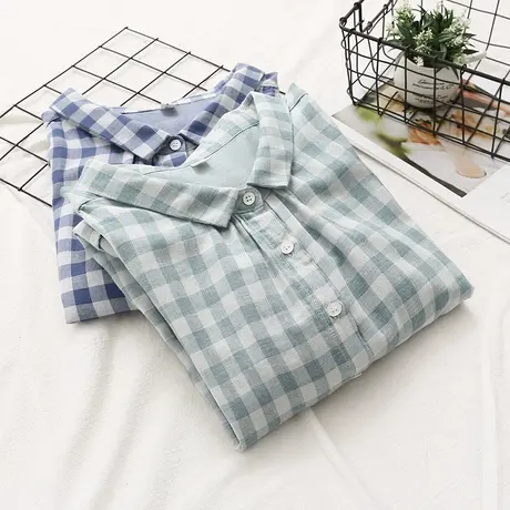 夏季日系文艺小清新减龄蓝格子双层棉纱七分袖衬衫女学生中袖上衣商品大图