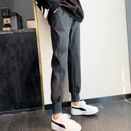 加绒运动裤子女秋冬季宽松卫裤小个子显瘦直筒哈伦裤休闲束脚长裤商品大图