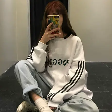 无帽卫衣女秋冬季小个子宽松韩版上衣慵懒风加绒加厚oversize外套商品大图