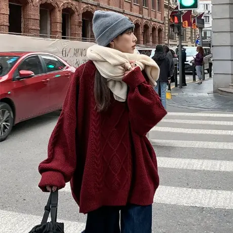 日系复古毛衣女秋冬加厚套头设计感小众宽松慵懒风上衣高级感外套图片