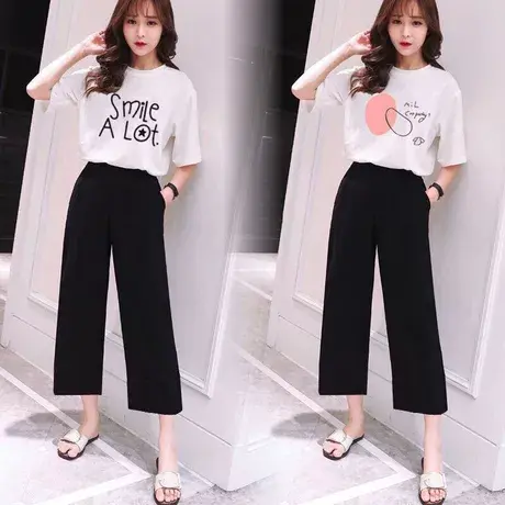 13-14-15-16-17-18岁初中生大童女孩夏装洋气时尚T恤阔腿裤套装潮图片