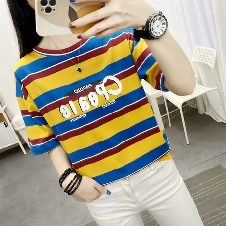 复古小众短袖条纹T恤女夏季辣妹修身显瘦打底衫百搭chic正肩上衣商品大图