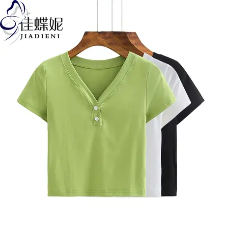 夏季新款V领露锁骨修身韩版百搭体恤短袖简约纯棉上衣女装打底衫商品大图