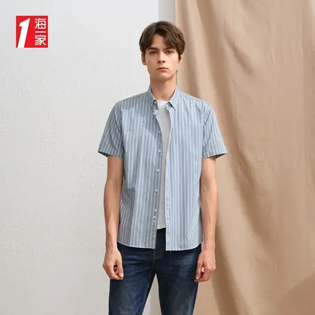 海一家清爽条纹短衬新款扣领尖领青春休闲时尚短袖衬衫男图片