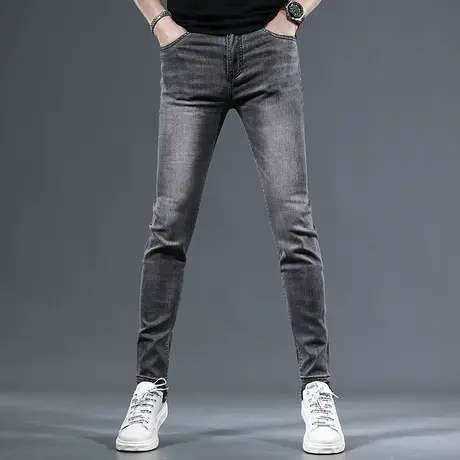夏季冰丝牛仔裤男款轻薄款修身小脚深灰色2023新款弹力百搭男裤子图片