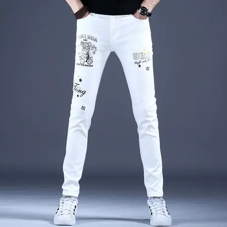 秋款薄款高端印花白色牛仔裤男款修身小脚裤子弹力2023休闲裤夏天图片