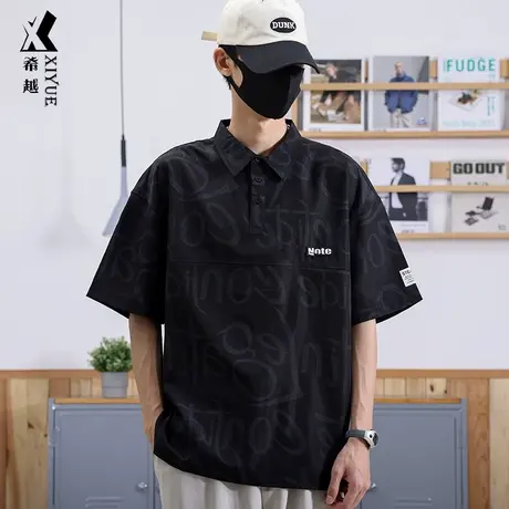 希越高级感轻奢满身印冰丝POLO衫短袖男夏季大码休闲速干衬衣t恤商品大图