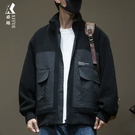 希越秋冬摇绒粒工装外套男立领2023秋季新款男生毛绒棉服男士大码图片