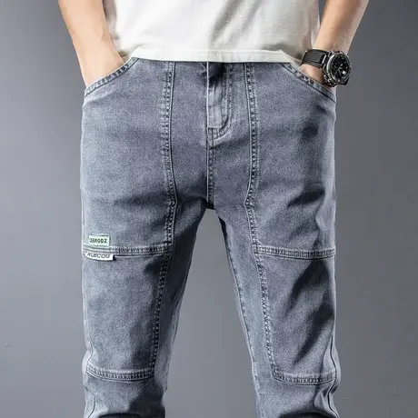广州新塘镇灰色痞帅拼接高级牛仔裤男士直筒宽松休闲男裤夏季薄款图片