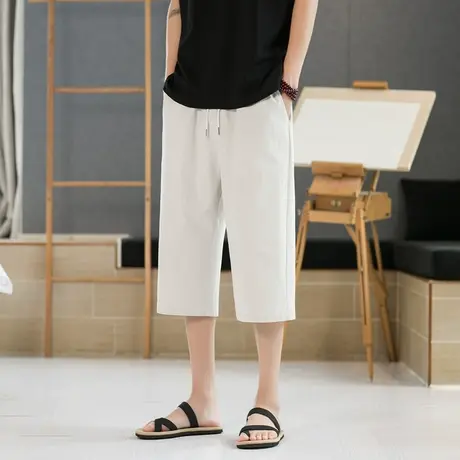 棉麻冰丝七分裤男款夏季纯棉亚麻薄款过膝五分裤宽松休闲沙滩裤子商品大图