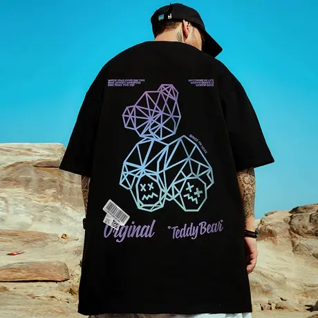 夏季青少年中性潮牌半袖ins港风情侣装T恤加肥加大码男装小熊短袖商品大图