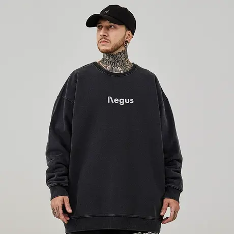 字母简约oversize港风圆领卫衣男潮牌做旧潮流大码男装春秋季加绒商品大图