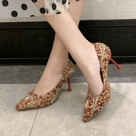 中式结婚鞋女2023年新款细跟红色高跟婚鞋红秀禾服新娘鞋平时可穿商品大图