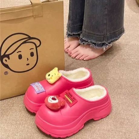 厚底增高棉拖鞋女士冬季可爱小熊防水室内外穿加绒保暖半包跟棉鞋商品大图