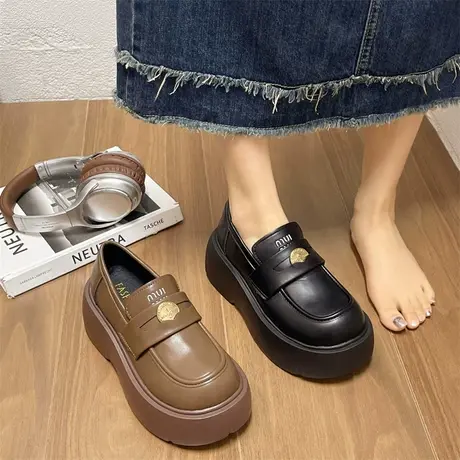 乐福鞋女2024爆款一脚蹬单鞋春季新款百搭厚底小个子英伦风小皮鞋商品大图