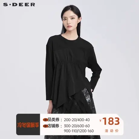 sdeer圣迪奥女装休闲圆领抽褶拼接不规则长袖T恤S22160207🧐图片