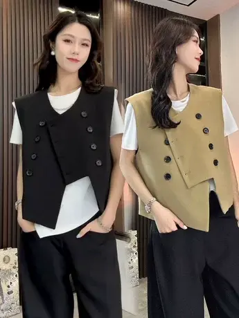 2023欧洲站春夏新款圆领双排多扣不规则简约时尚休闲西装马甲外套图片