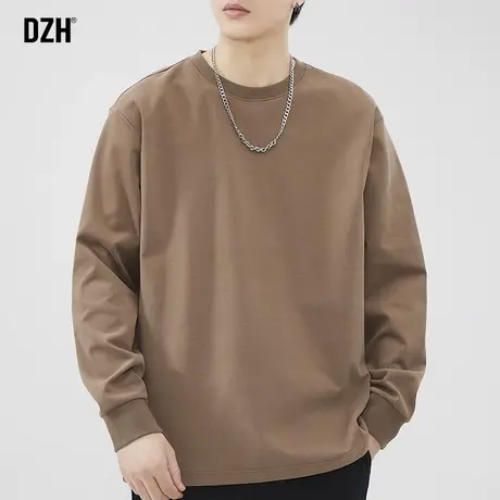 男士秋季长袖t恤男圆领2023新款咖色上衣宽松纯色内搭打底衫衣服商品大图