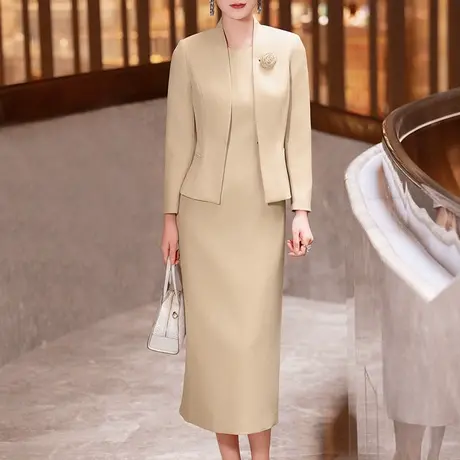 米白色职业套装女2025春新款时尚通勤高级感西装显瘦连衣裙两件套图片