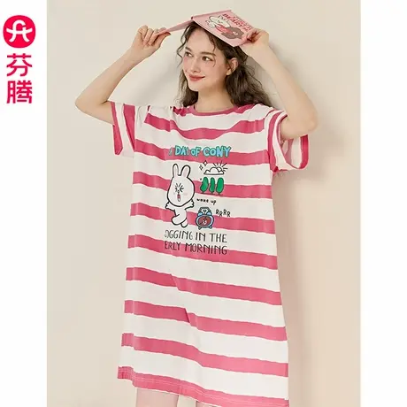 芬腾睡裙女夏季纯棉薄款凉感短袖睡衣裙可爱布朗熊大码休闲家居服图片