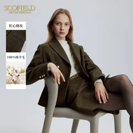 【羊毛100%】Scofield女复古格纹双排扣西装时尚套装冬季图片