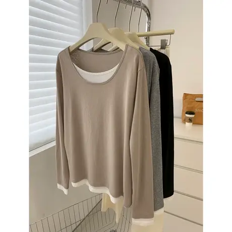 假两件长袖T恤女2023秋季新款宽松显瘦拼接设计感小众上衣打底衫商品大图