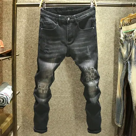 秋冬款男士欧货水洗黑色牛仔裤个性烫钻修身弹力小脚时尚休闲长裤商品大图