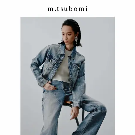 子苞米宽松翻领牛仔短外套2024秋新款设计感拉链式复古丹宁夹克女图片