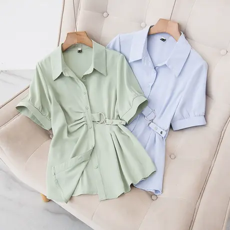 2023年夏季新款女装时尚大码胖mm遮肉显瘦Polo领短袖衬衫上衣女潮商品大图