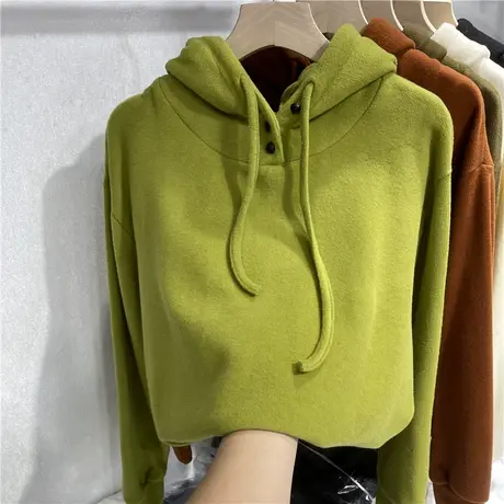 欧货设计感纽扣双面德绒连帽卫衣女2022秋冬新款宽松加厚保暖上衣商品大图