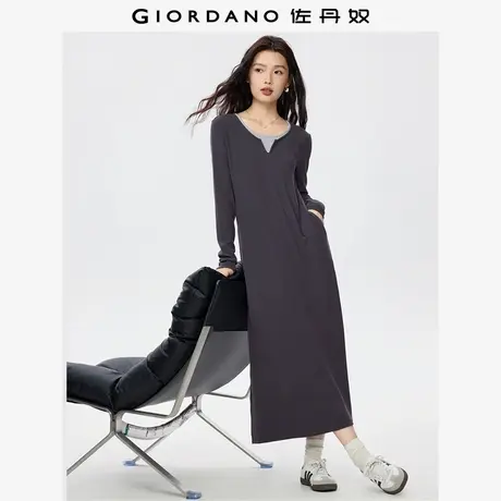 佐丹奴假两件裙子女秋冬新款撞色圆领H型弹力针织连衣裙05465851商品大图