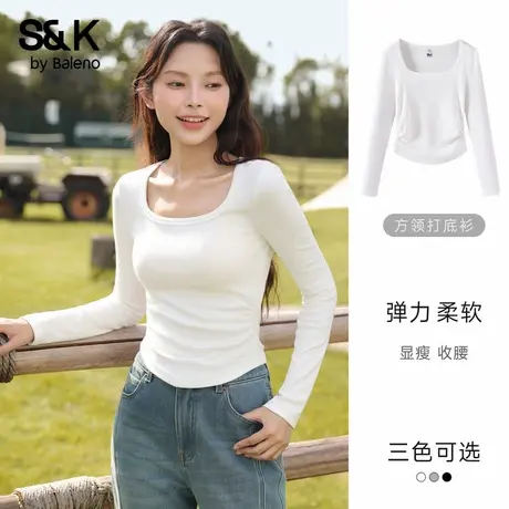 班尼路S&K系列方领长袖t恤女2025秋季新款简约内搭修身短款上衣Q商品大图