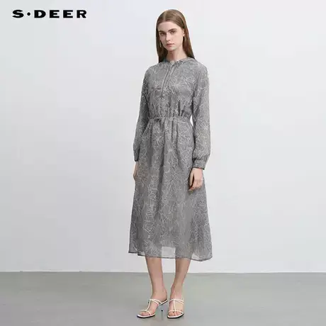 sdeer圣迪奥女装木耳边圆领绣花网纱长袖连衣裙S241Z1295图片