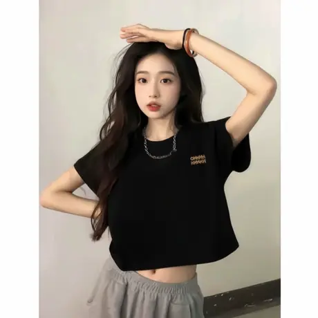 短款短袖女t恤2025新款爆款夏季修身显瘦半袖夏日漂亮黑色小上衣商品大图
