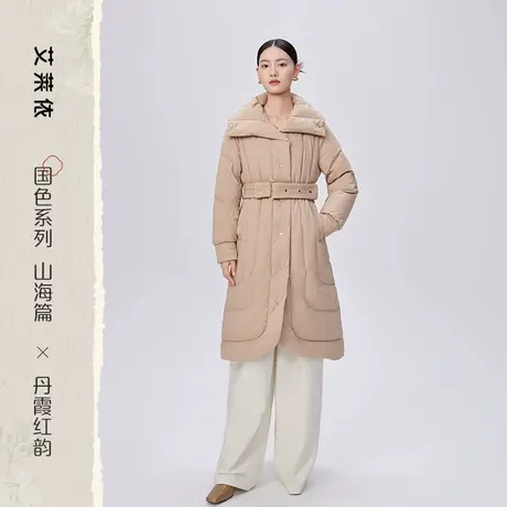 艾莱依国风鹅绒服女修身新款气质收腰质感翻领长款保暖复古外套冬商品大图
