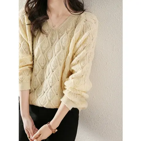镂空针织衫女装2023年新款春秋季长袖薄款套头毛衣宽松慵懒风上衣图片