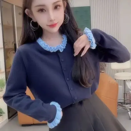 欧货撞色木耳边针织开衫外套女2025秋冬新款气质毛衣外搭长袖上衣商品大图