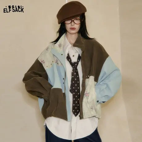 妖精的口袋PU皮拼接麂皮外套女2025年秋季新款高级感撞色宽松夹克图片