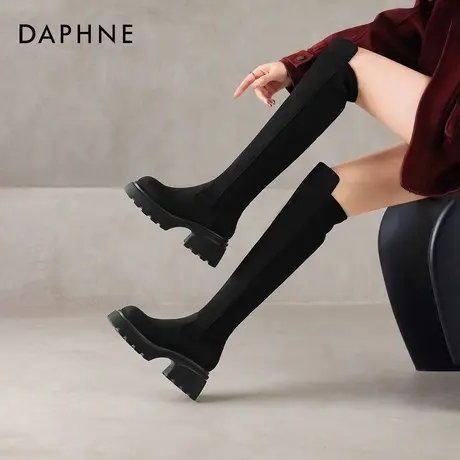 达芙妮过膝长筒靴女2026新款冬季加绒厚底增高骑士长靴绒面瘦瘦靴图片