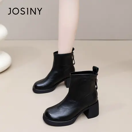 卓诗尼2025秋冬新款粗跟短靴女时尚舒适高跟瘦瘦靴后拉链时装靴女图片