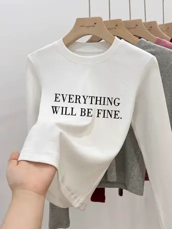 白色仿棉长袖t恤女2023新款春秋装冬季德绒内搭打底衫宽松版上衣商品大图