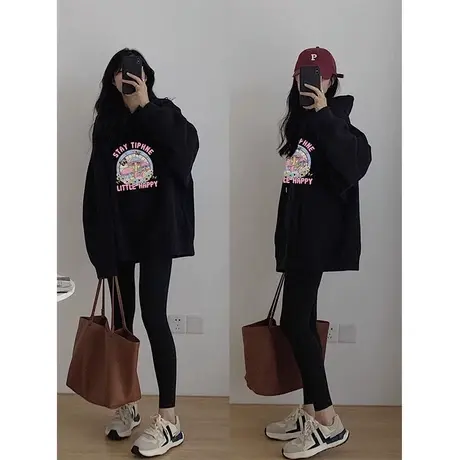 美式复古连帽卫衣女款2023新款爆款小个子中长款秋冬季加绒外套潮商品大图