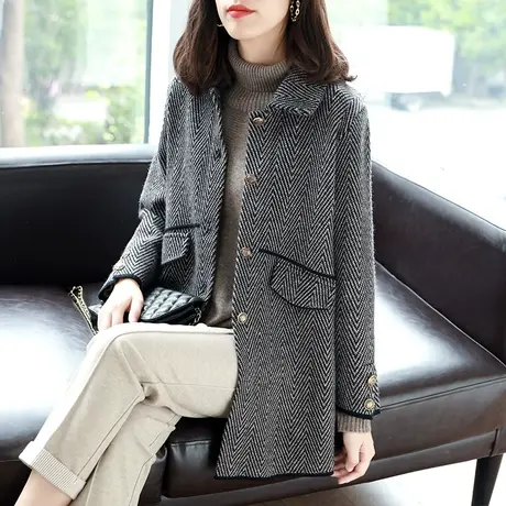 宝诗黎中长款人字纹针织呢外套女2023年秋冬新款休闲毛衣开衫上衣图片