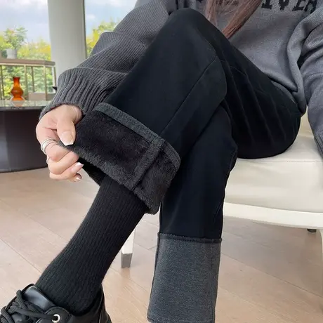 黑色拼接高腰直筒牛仔裤女冬季小个子九分加绒加厚阔腿八分烟管裤商品大图