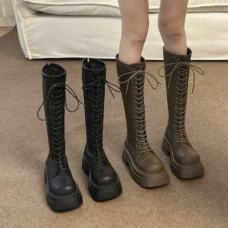 气质长筒靴女秋冬新款2023年厚底增高靴子复古高级感粗跟骑士靴子图片