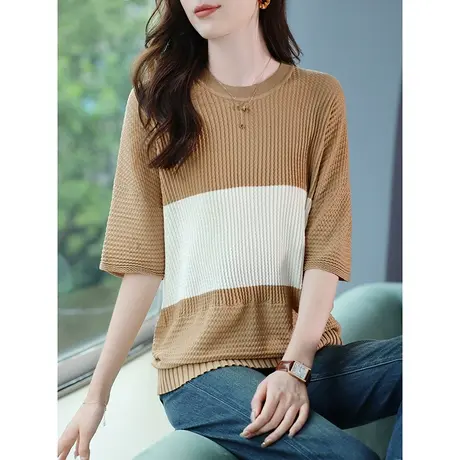 宝诗黎圆领撞色五分袖针织衫女士休闲上衣2023年早秋新款打底毛衣图片