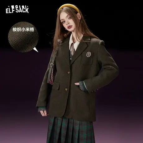 妖精的口袋复古学院风西装外套女2023冬季新款休闲格纹美拉德西服图片