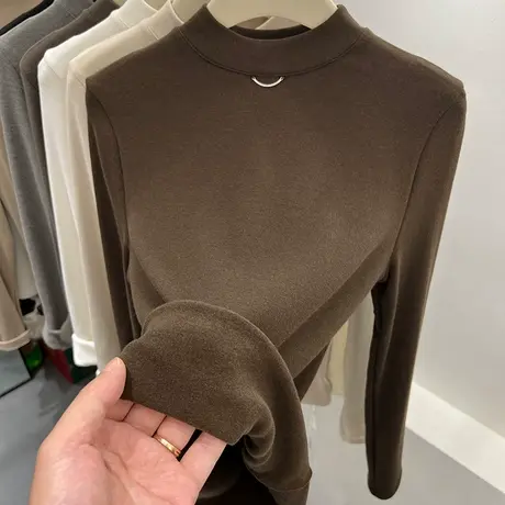 镶钻钉珠加薄绒磨毛长袖T恤女2023秋冬新款洋气内搭打底衫上衣厚商品大图